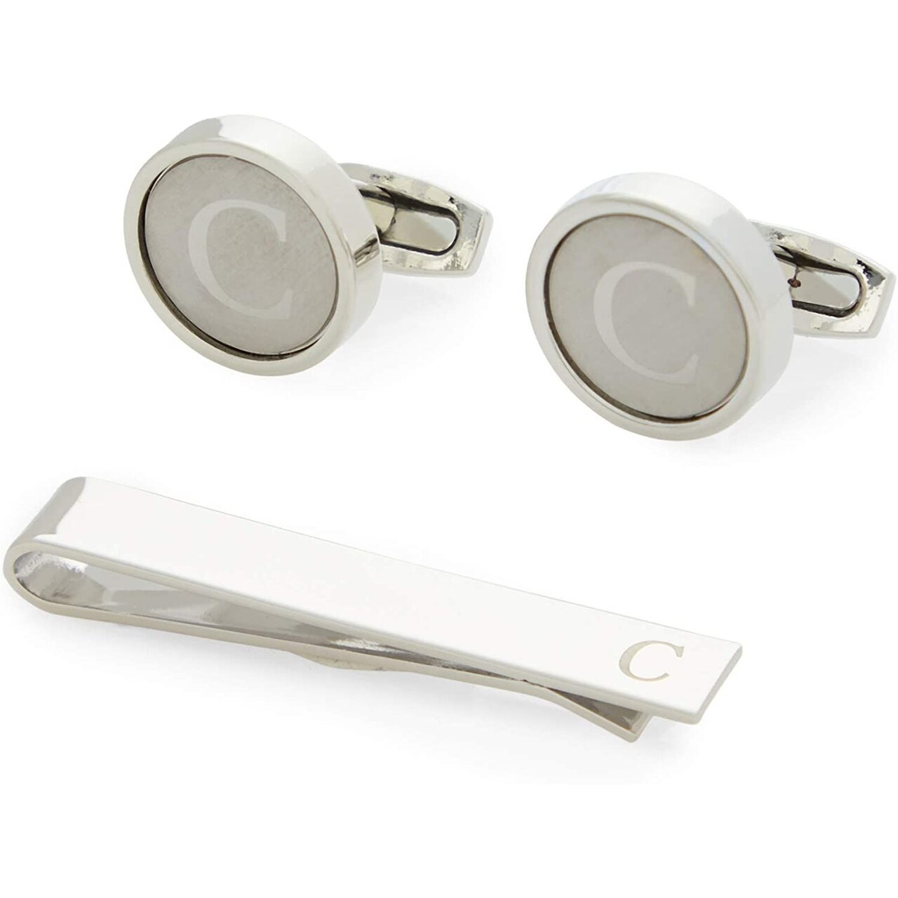 Men's Initial Cufflinks Set and Tie Clips with Gift Box, Alphabet Letter Monogram C